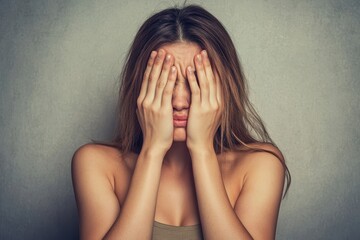 Sad woman with hands covering face, feeling anxiety against a gray background. Perfect for illustrating stress, mental health, depression or related issues.