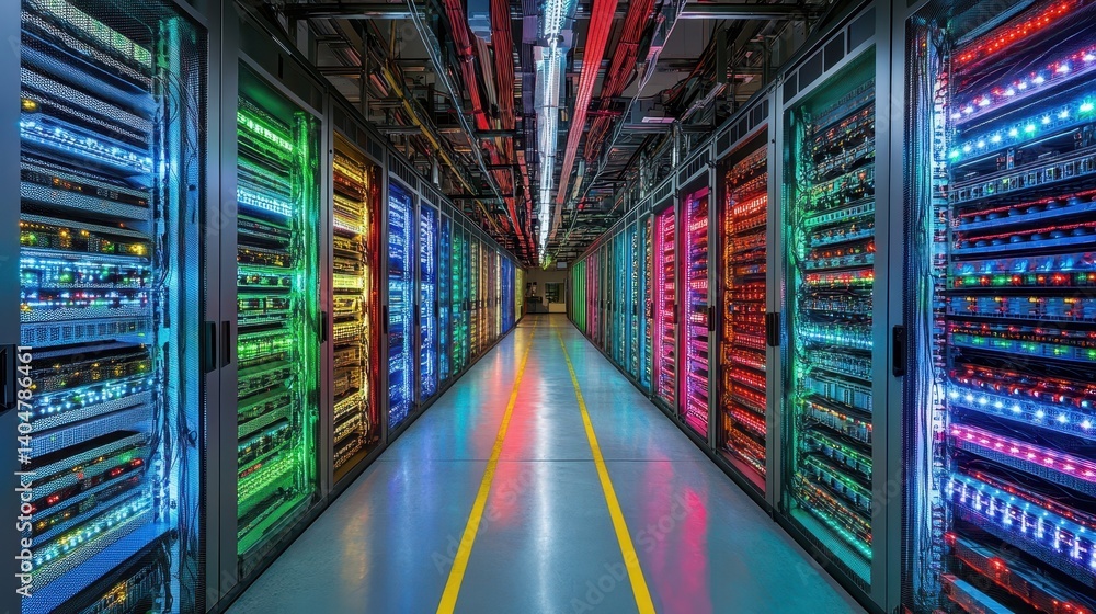 Poster a server room features rows of colorful, illuminated computer cabinets. illustrates cloud computing,
