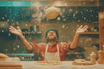 A chef in a kitchen, tossing pizza dough into the air. 