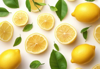 Fresh Lemons and Lemon Slices with Green Leaves on a Light Background for Culinary and Healthy Lifestyle Themes