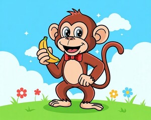 A vibrant vector illustration of a playful monkey mascot with big, expressive eyes and a wide grin.