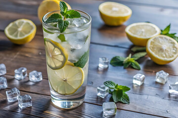 Fototapeta premium Summer Drink Vibes – Lemonade with Ice and Mint on Wooden Table.