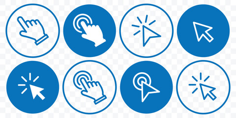 Computer mouse click cursor icon set. Cursor pointer clicking symbol. Hand cursors icons click collection. Hand Cursor. Vector illustration.