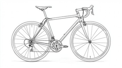 Outline drawing of a road bike featuring aerodynamic design and intricate detailing in a minimalist style