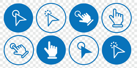 Mouse pointer set. Computer mouse click cursor. Arrow cursor icon. Press, touch and tap with finger sign. Vector illustration.