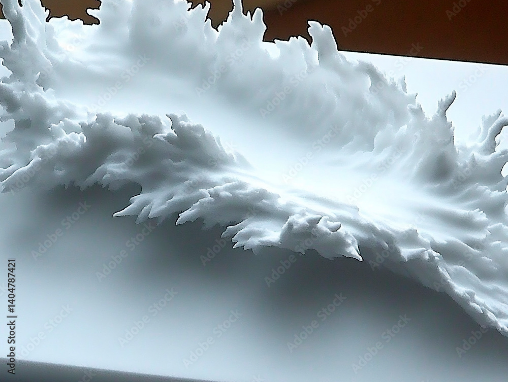 Poster abstract white sculpture resembling dynamic splash or frozen wave with intricate textures on smooth 