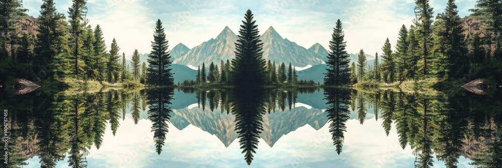 Poster mirrored pine trees and geometric peaks create a kaleidoscope view of natures symmetry surrounded by