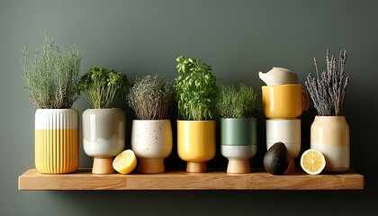 Herbs displayed on wooden shelf