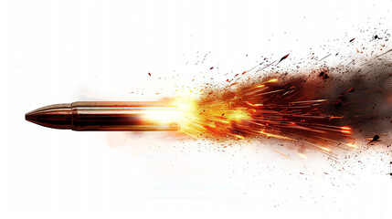 A Moment of Impact Frozen in Time: A speeding bullet shatters upon collision, sending forth a burst of golden sparks and dark fragments against a stark white backdrop, capturing raw power and destruct