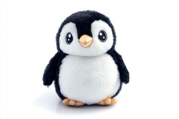 Fototapeta premium Cute Penguin Plush Toy Standing Upright on White Background
