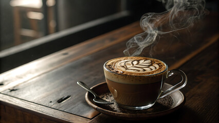 "4K Macro of Steaming Latte in Minimalist Ceramic Cup with Cinematic Café Ambience