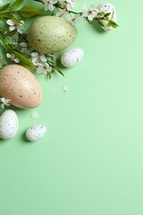 Happy Easter. Colorful eggs and white spring flowers on color background, space for text or advertising