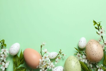 Happy Easter. Colorful eggs and white spring flowers on color background, space for text or advertising