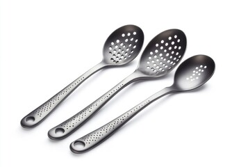 Arrangement of Three Slotted Spoons on White Background
