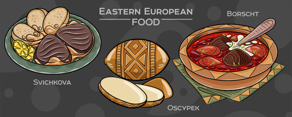 Popular Eastern European Traditional Food Set. Hand-drawn vector illustration on a dark background