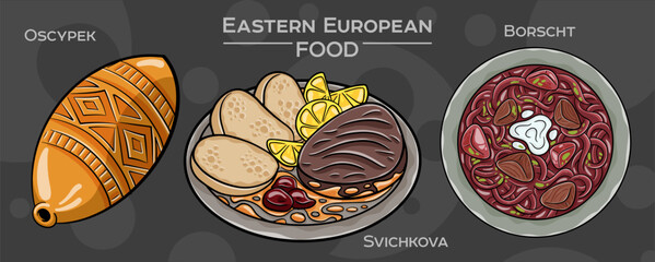 Popular Eastern European Traditional Food Set. Hand-drawn vector illustration on a dark background