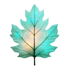 Fototapeta premium Png of A vibrant teal maple leaf with glowing accents, showcasing intricate details and a radiant, ethereal quality.