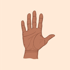 Open palm of hand sketch drawing illustration. Hand drawn vector line art clipart in engraving style, diversity, greeting, support, protect concept