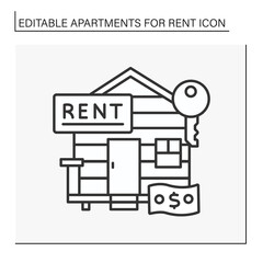 Rent line icon. Cozy wooden beach villa for lease. Summer vacation. Fixed amount of money. Apartment for rent concept. Isolated vector illustration. Editable stroke