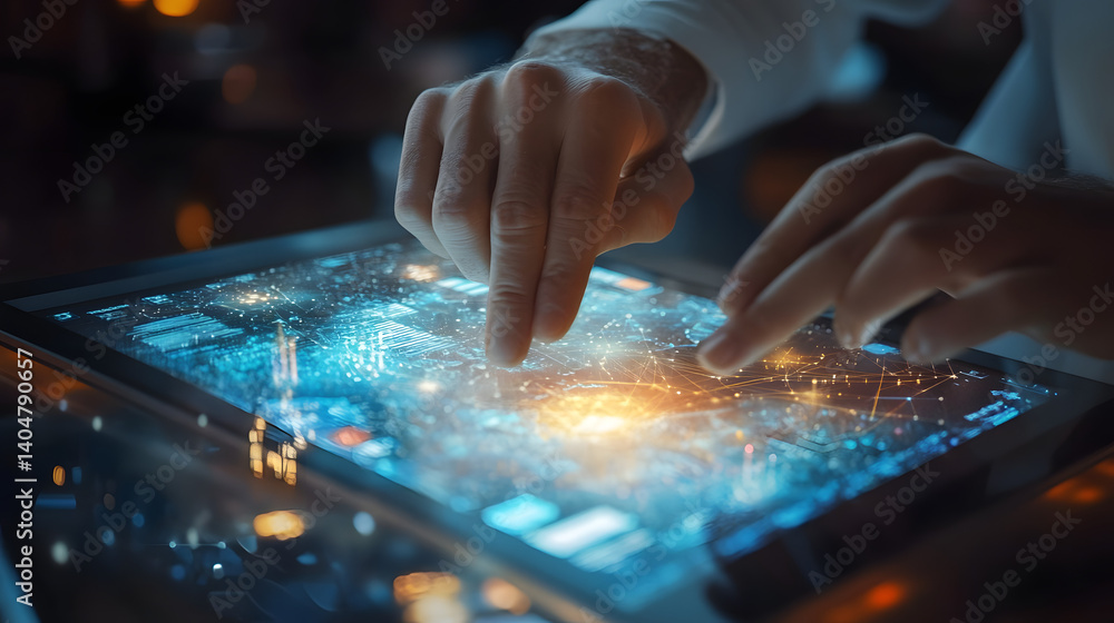 Poster digital fingertips: a close-up shot of a hand interacting with a digital tablet, fingers tracing glo