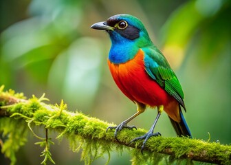 Obraz premium Superb Starling Perched on Mossy Branch: A vibrant Superb Starling, showcasing striking blue, black, red, and green plumage, perches delicately on a moss-covered branch amidst a lush.