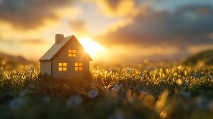 Serene Sunset with Glowing House Model, A small wooden house model with glowing windows sits on a grassy field during sunset