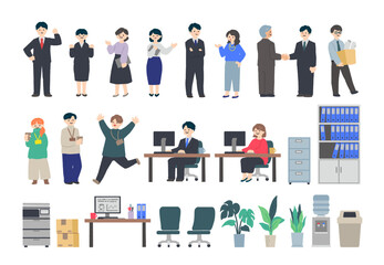 オフィスで働く会社員と備品のイラストセット