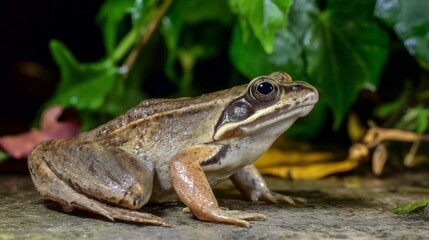 Obraz premium Male common frog with nuptial pad and bluish-grey skin during breeding season in natural wetland habitat, showing distinctive coloration and reproductive anatomy in spring amphibian behavior scene