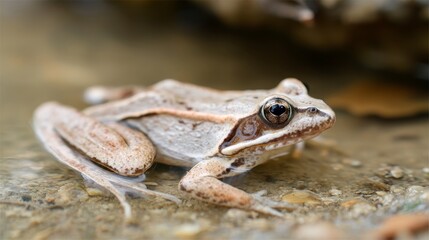 Obraz premium Male common frog with nuptial pad and bluish-grey skin during breeding season in natural wetland habitat, showing distinctive coloration and reproductive anatomy in spring amphibian behavior scene