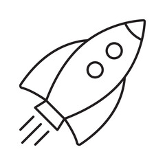 Cartoon rocket line icon. Flying rocket line icon.