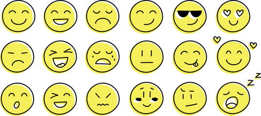 Set of smiles with emotions, hand drawn collection