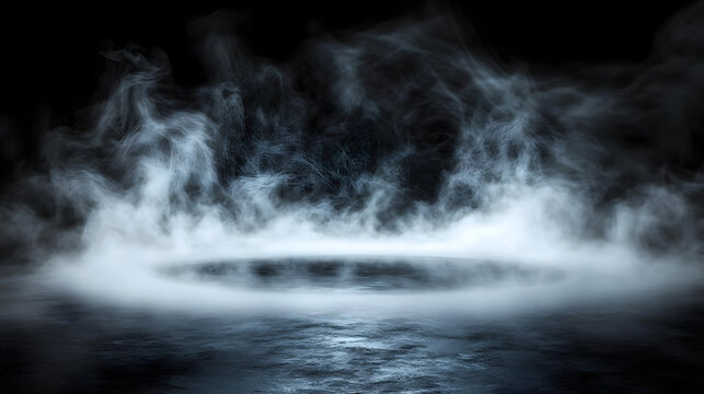 Smoke black ground fog cloud floor mist background steam dust dark white horror overlay. Ground smoke haze night black water atmosphere 3d magic