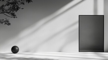 A minimalist black and white room with a plant and a black sphere.