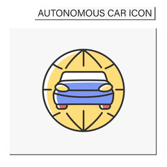 Car distribution color icon. Global network of car manufacturing. Self-driving automobile. Autonomous car concept. Isolated vector illustration