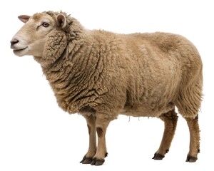A charming sheep stands in full profile with a dense fleece on a clean white background, perfect for illustrating farm life or animal husbandry concepts against the clean backdrop.