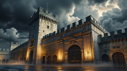 Fototapeta premium Dramatic view of Bastille Prison fortress illuminated by amber light against a stormy sky, evoking a sense of history