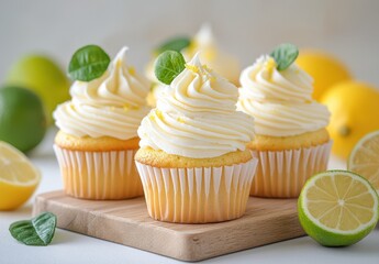 Delicious Lemon Cupcakes with Creamy Frosting Surrounded by Fresh Citrus Fruits in a Bright and Inviting Setting