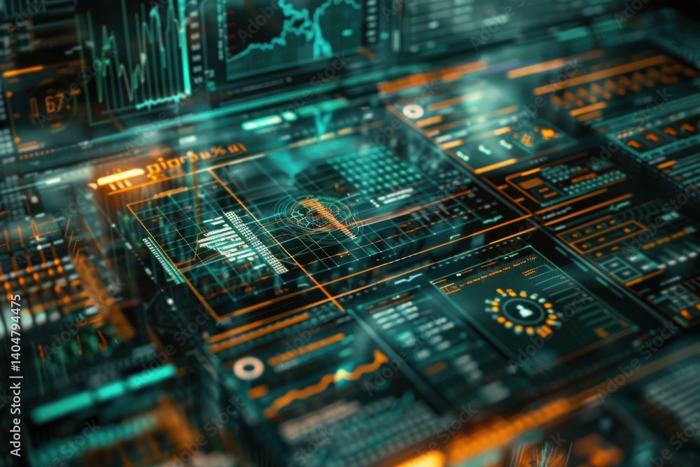 Poster abstract image depicting a futuristic digital interface filled with data visualizations and charts