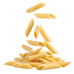 Penne pasta falling on white background.