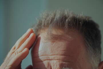 thinning hair on top while running hand through it, early bald spots.