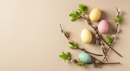 Minimalist Easter Still Life &ndash; Pastel Eggs & Spring Twigs on Beige Linen Background