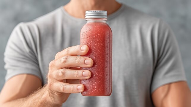 Srong hand holding chilled bottle of beet-red ABC juice with condensation, blurred gym background,