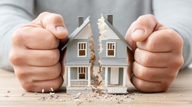 Two hands breaking a miniature house in two parts. Modern architectural style house model on light wooden surface.