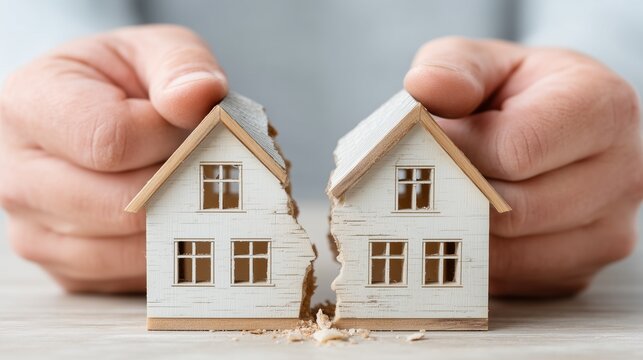 Two hands breaking a miniature house in two parts. Modern architectural style house model on light wooden surface.