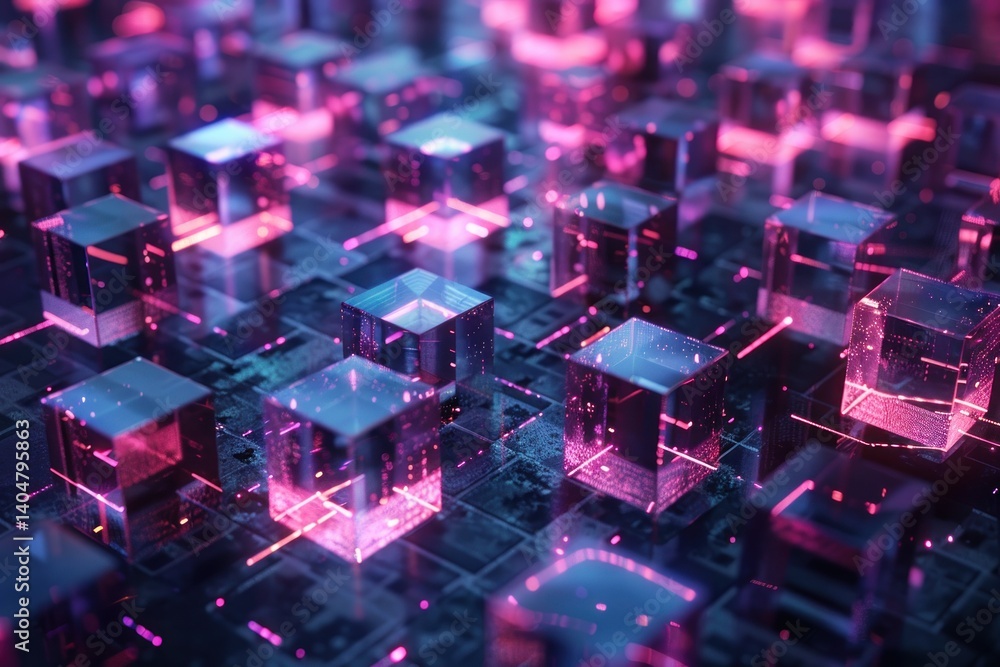 Poster abstract digital network. glowing cubes and interconnections represent data flow and connectivity