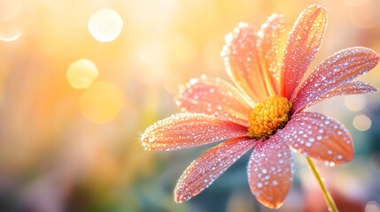 A close-up of a single dew-covered flower petal catching morning sunlight symbolizing renewal