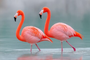 A pair of flamingos bathing and splashing water with wings
