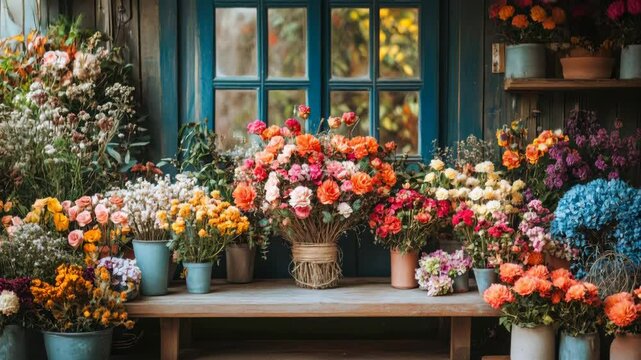 Beautiful assortment of vibrant flowers arranged in pots on rustic outdoor bench