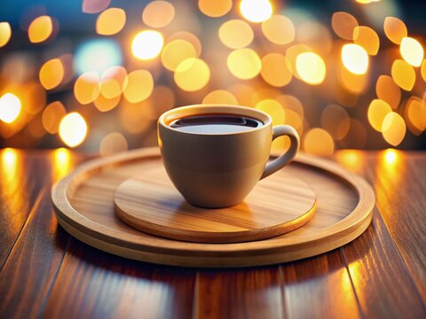 Aromatic Warmth: A comforting mug of rich, dark coffee rests on a wooden tray, its steam rising gently against a backdrop of soft, golden bokeh lights, creating an atmosphere of cozy indulgence.