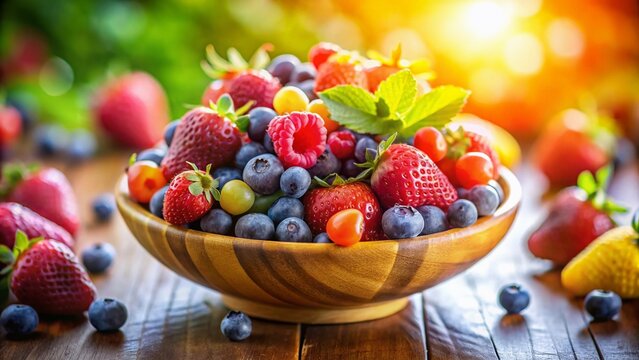 Bowl of Fresh Berries: A vibrant wooden bowl overflows with an assortment of juicy fresh berries, including strawberries, blueberries, and raspberries, bathed in the warm, inviting sunlight.